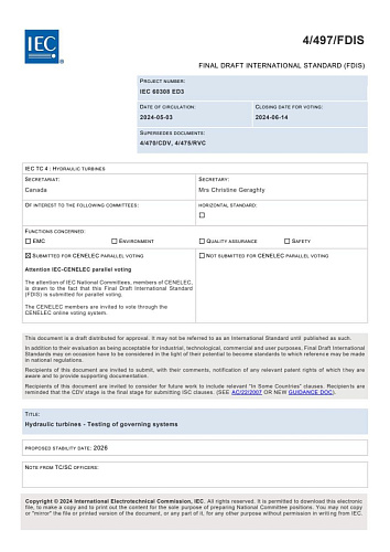 IEC FDIS 60308 - 4/497/FDIS "Hydraulic turbines - Testing of governing systems"